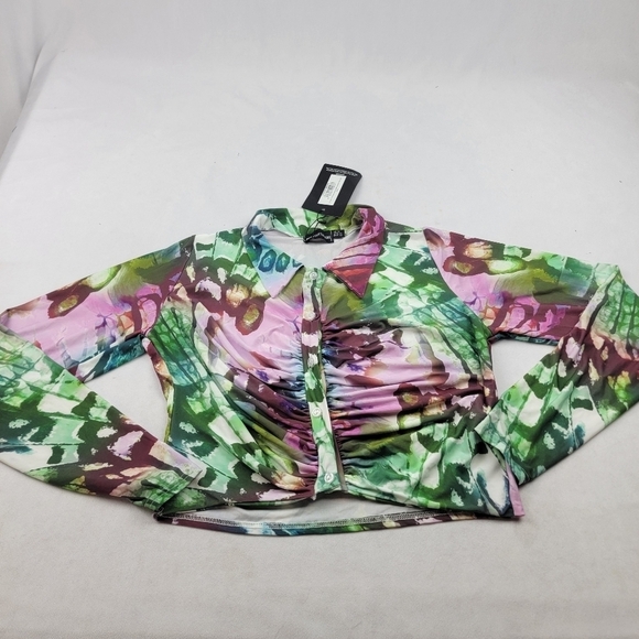 NWT Pretty Little Thing printed slinky ruched front long sleeve crop top - Picture 5 of 8
